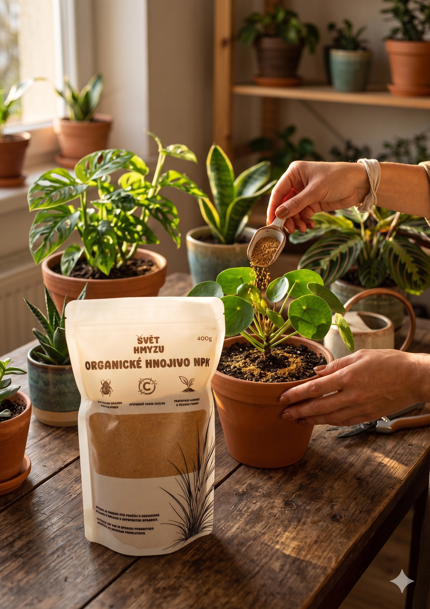 Frass, organické hnojivo se sype do pokojvých rostlin